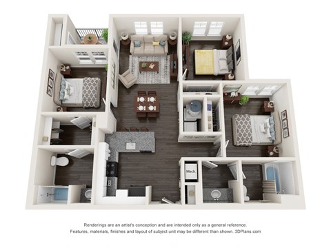 Floor plan for 3 beds, 2 baths, 1110 sqft